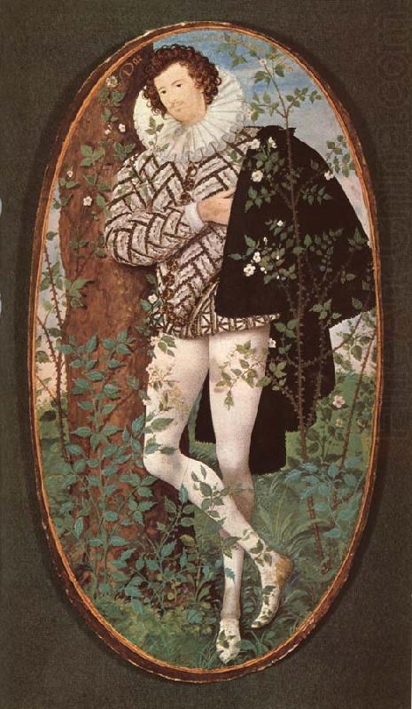 An unknown Youth Leaning against a tree among roses, Nicholas Hilliard